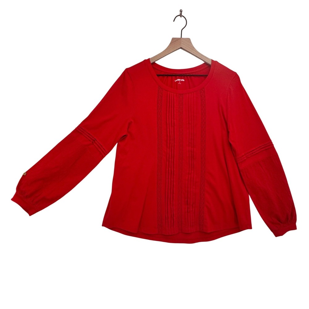 Lands End Red Lace Pintuck Embroidered Cotton Modal Blouse Top M 10-12